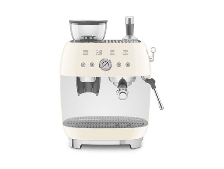 Smeg, EGF03CREU, manuelle Espressomaschine, mit integrierter Kaffeemühle, Thermoblock, 4 Temperaturstufen, Dampfdüse und Druckmesser, 1-l-Tank, kompakte Größe, 1350 W, Creme