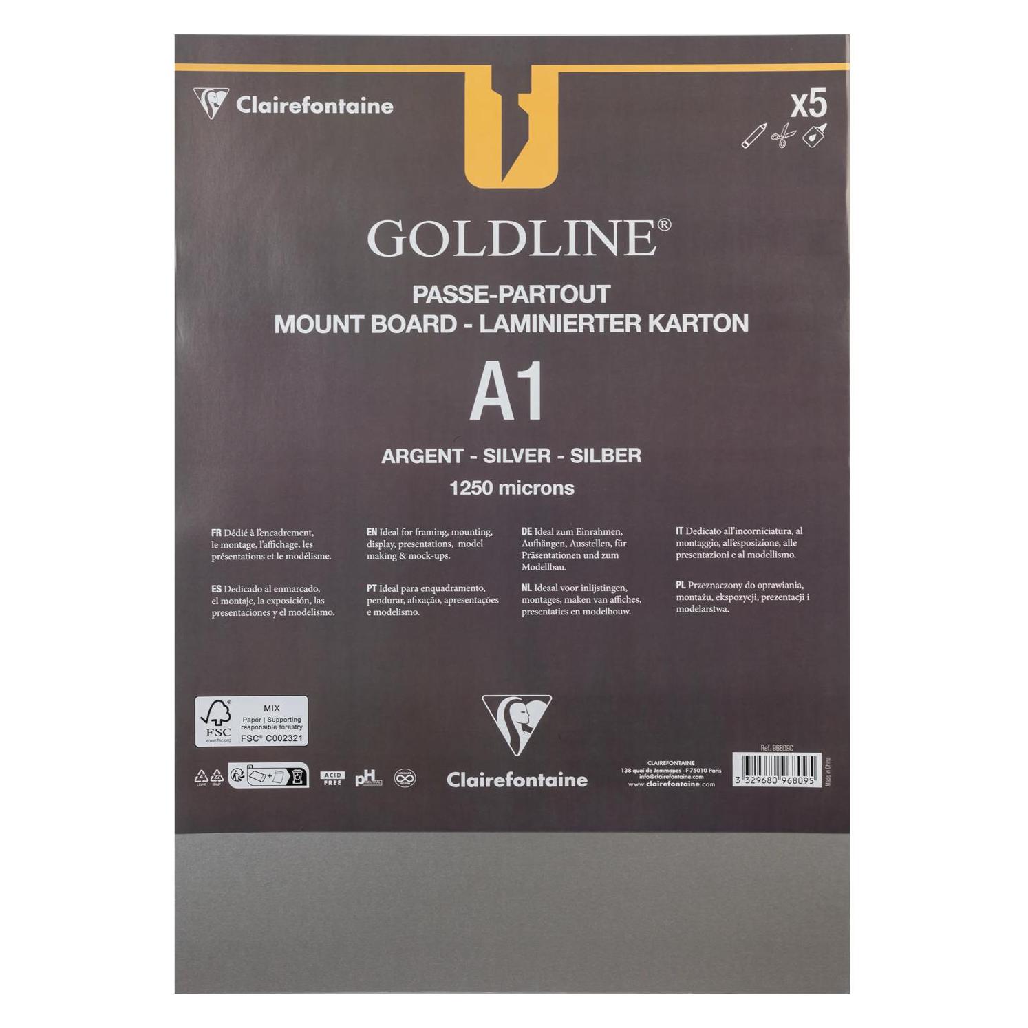 Clairefontaine Goldline Passepartoutkarton A1, 10 Bogen 1,25mm - Silber (10x) (96809C)