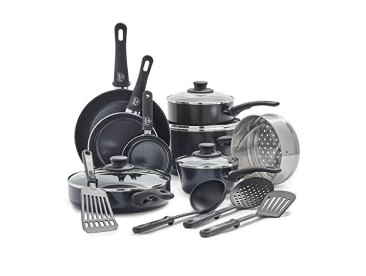 GreenLife Soft Grip Gesunde keramische Antihaftbeschichtung, 16 teiliges Kochgeschirr Set mit Bratpfanne, Stielkasserolle und Kochtopf, PFAS-frei, spülmaschinenfest, Backofenfest, Schwarz