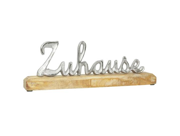 Schriftzug Zuhause , Aufsteller Mangoholz und Aluminium, silber, braun, 30 x 10 x 5 cm
