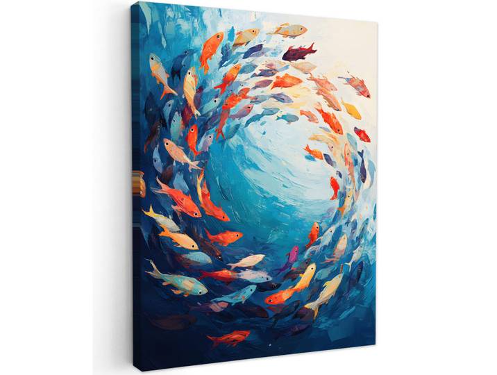 MuchoWow Leinwandbild - Meer - Fische - Bunt - Dynamisch - 60x80 - Gemälde, Hellblau, Textil, Kiefer, Abstrakt, Rechteckig, 60x80 cm, gerahmt, Bilder & Rahmen, Bilder, Wandbilder