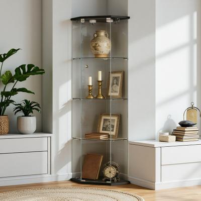 ZWYO HOSIMU "64.2"" Tempered Glass 5-Sided Corner Display Storage Cabinet with Remote Control Lights, Door Lock, Adjustable Feet"