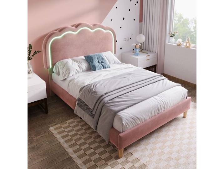 Lit - PAGE Living - capitonné LED - 90x200 - tête réglable velours rose