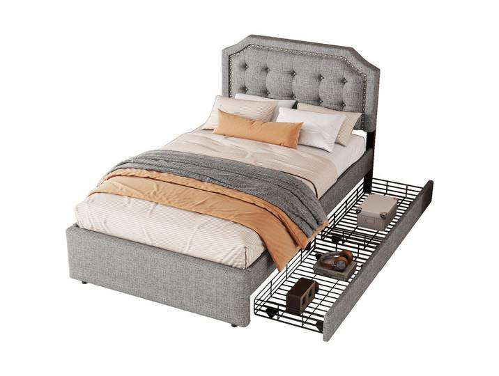 Flieks Flachbett 90x200cm Grau gepolstert Nachttischpolsterung doppelte Schubladen, Holz, 90x200 cm, Schlafzimmer, Betten