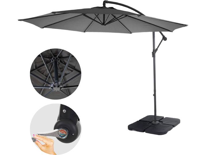 Ampelschirm Acerra, Sonnenschirm Sonnenschutz, Ø 3m neigbar, Polyester/Stahl 11kg - grau mit Ständer