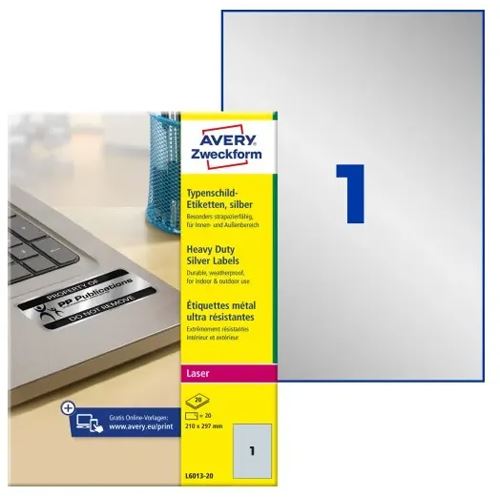 AVERY Zweckform Typenschild-Etiketten, 210 x 297 mm, silber 20