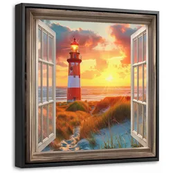 LEINWAND Bilder mit Rahmen - Aussicht - Fenster - Leuchtturm - Sonnenuntergang - Strand - 20x20