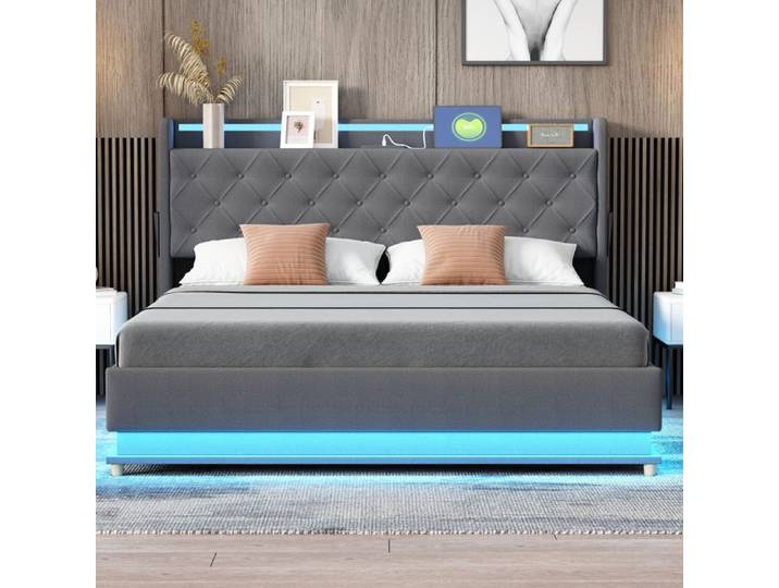 Nouveau épaississement design moderne LED lit rembourré 160 * 200cm avec port de charge USB et stockage hydraulique Lin pro