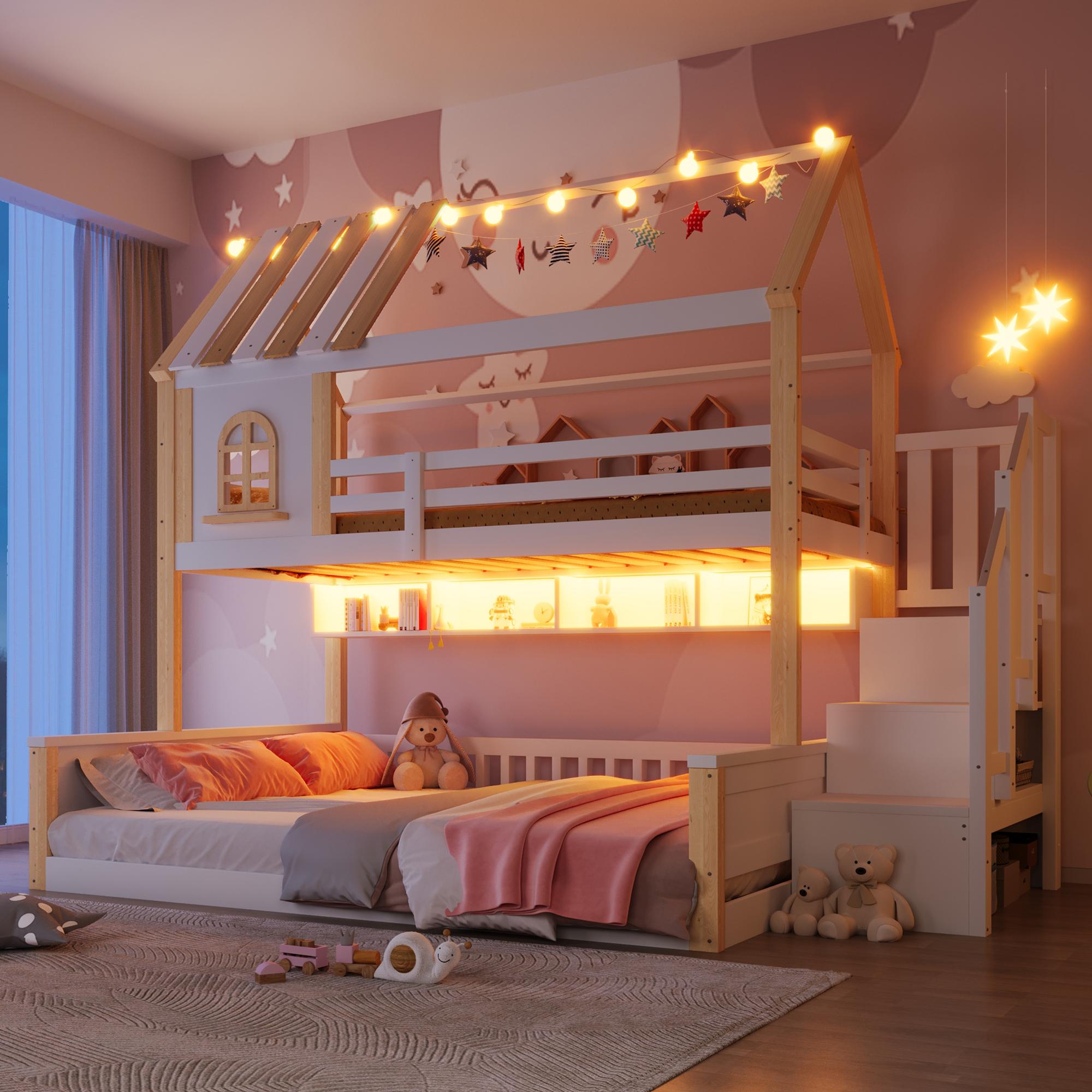 Flieks Kinderbett Hausbett 90x200cm / 140x200cm, Etagenbett mit Led, Kinder Hochbett mit Treppe und Stauraum, Stockbett 2 Kinder, Naturbelassen