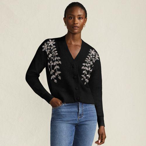 Bestickter Cardigan mit V-Ausschnitt für Damen, Damen, size: regular, Schwarz, Polyester/Polyacryl/Polyester-Mischung, by Lands' End