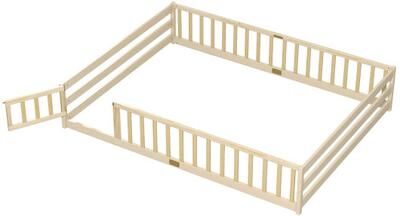 Costway Queen Size Floor Bed Kids Montessori Bed Frame with Full Length Safety Guardrails-Natural