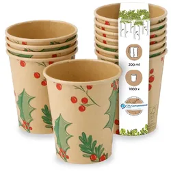BIOZOYG 1000 Stück Kaffee-Trinkbecher 200ml / 8ozPappe Winterliche Bedruckung mit Zweigen, Einwegbecher Kaffeebecher Pappbecher, biologisch abbaubar
