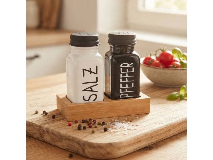 Salz- und Pfefferstreuer-Set mit Bambusständer, schwarz-weiss