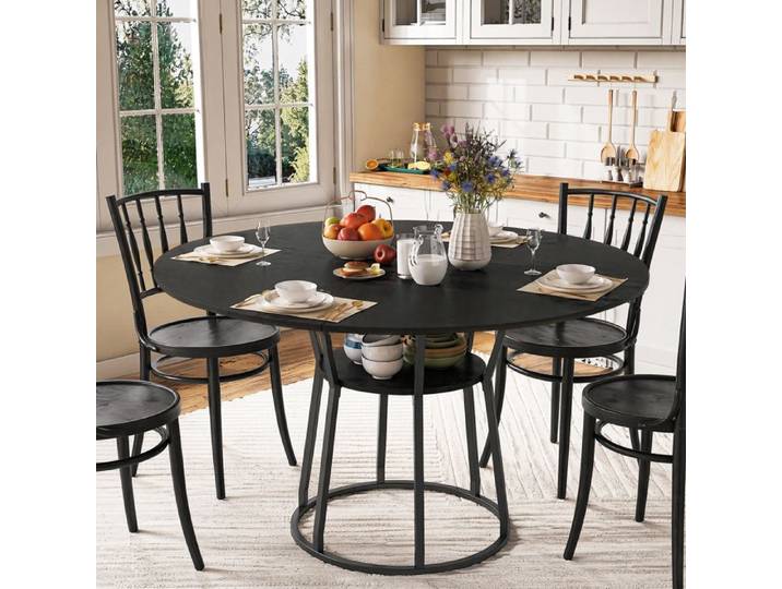 Table à manger ronde - URBANLUXE - Ø120 cm - 6 personnes - Plateau bois exotique - Style industriel noir