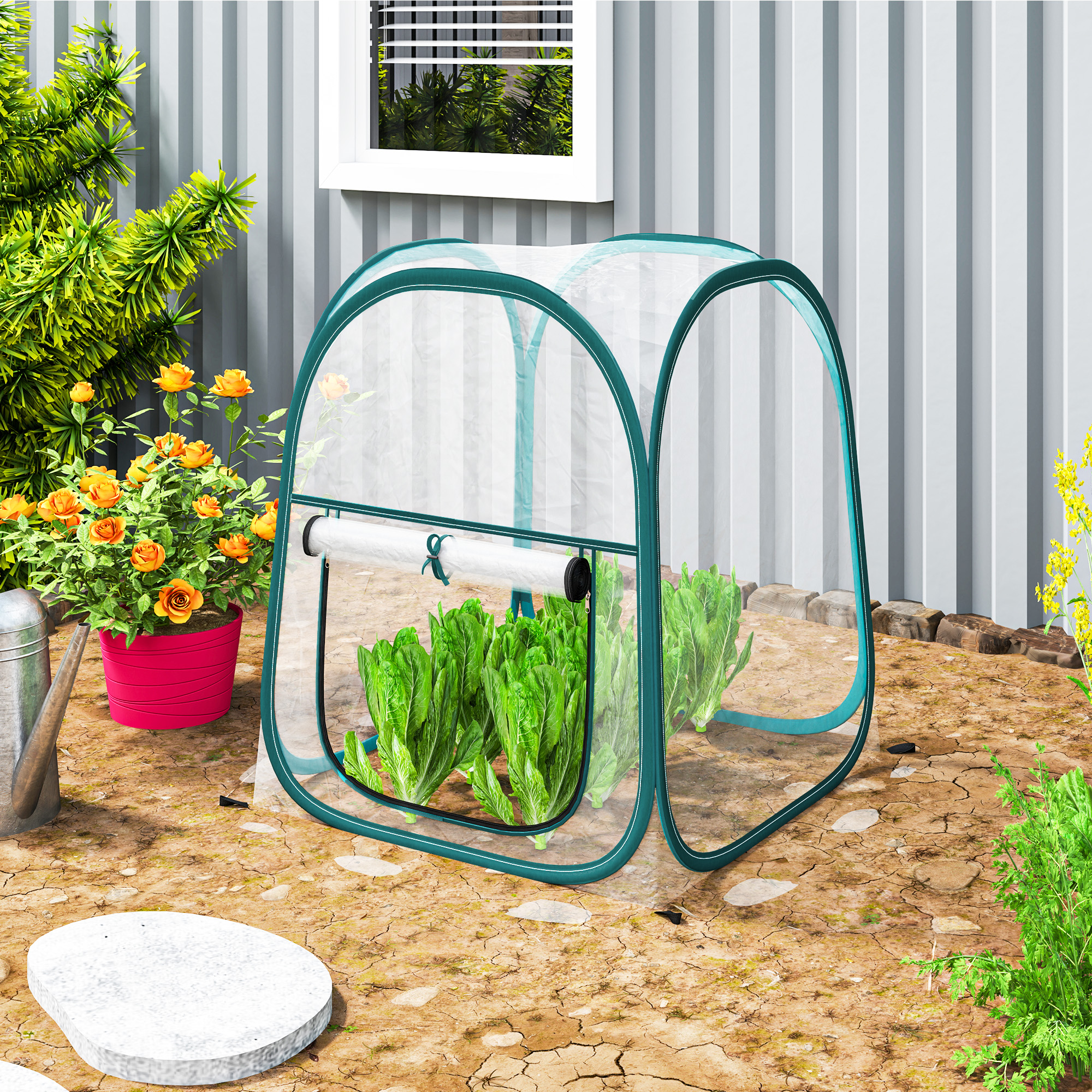 Outsunny Mini Serra da Giardino con Copertura in Plastica e Telaio in acciaio, Finestra Avvolgibile e Borsa, 70x70x80 cm, Trasparente Aosom Italy