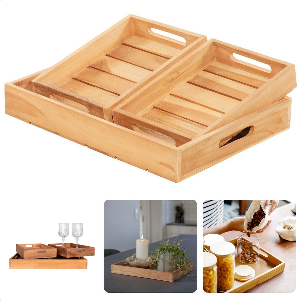 3-delige set houten dienbladen voor ontbijt op bed en decoratie