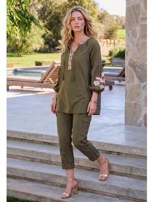Plus Size Women's Plus Size Cambric Cotton Split Neck Embroidered Tunic by Roaman's in Dark Olive Meadow Floral (Size 20 W)