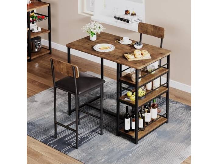 Koioplie Essgruppe 3 teilig für 2 Personen Bartisch mit 2 gepolsterten Stühlen 3 Ablagefächern platzsparendes Küchenmöbel für kleine Räume Apartments Vintage