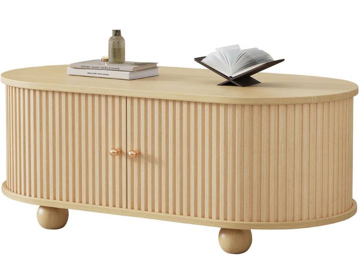 SeedWave Couchtisch Ellipsenförmiger Couchtisch Gestreifter Sofatisch mit Schiebetüren, Fünf Innere Staufächer, Türen mit 180-Grad-Öffnungswinkel