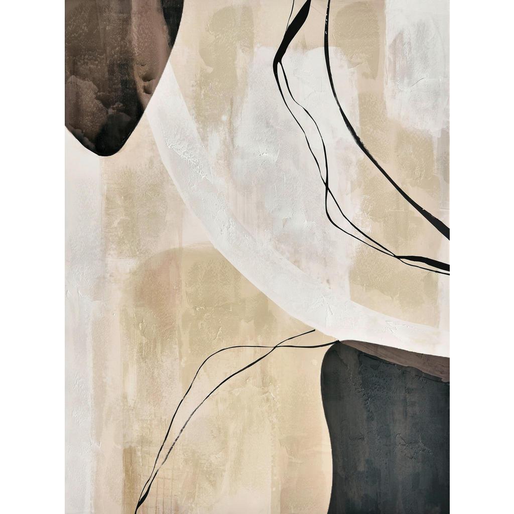 Monee Ölgemälde, Schwarz, Beige, Holz, Textil, Tanne, vollmassiv, Abstraktes, rechteckig, 90x120 cm, einfache und schnelle Anbringung, Bilder und Zubehör, Wandbilder, Ölgemälde