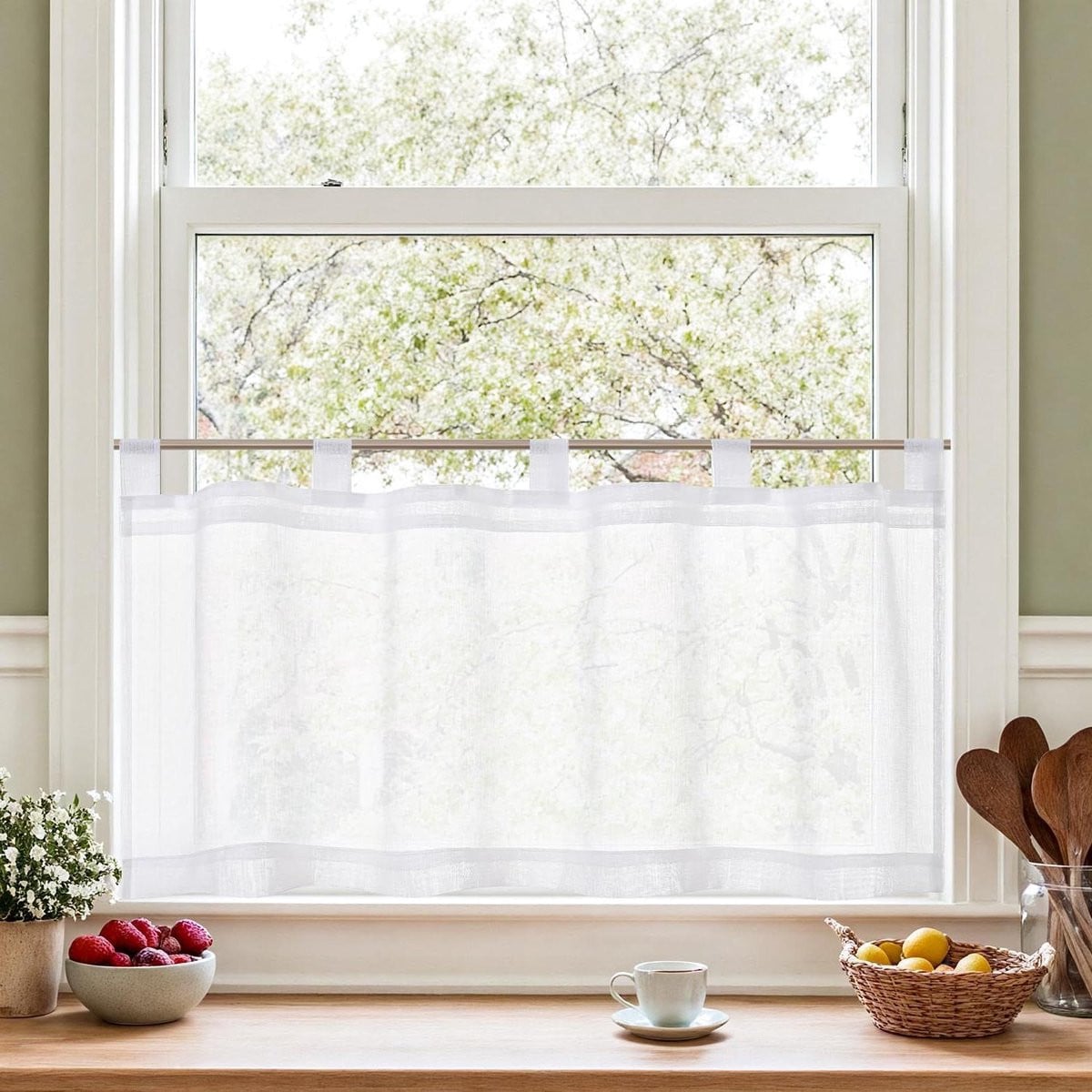 Wit Netgordijn met lussen in linnenlook voor de keuken - 45 x 90 cm