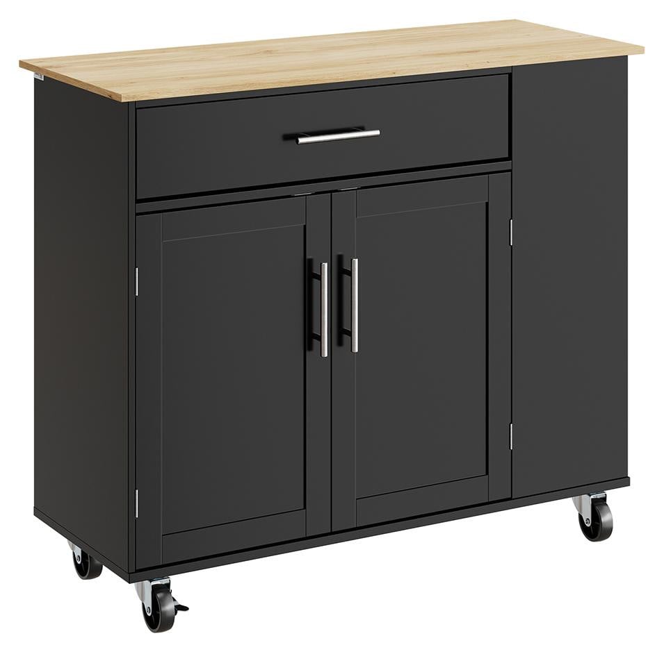 SoBuy Mobiel Keukeneiland FKW133-SCH met Houten Werkblad, Lade en Kast, Zwart