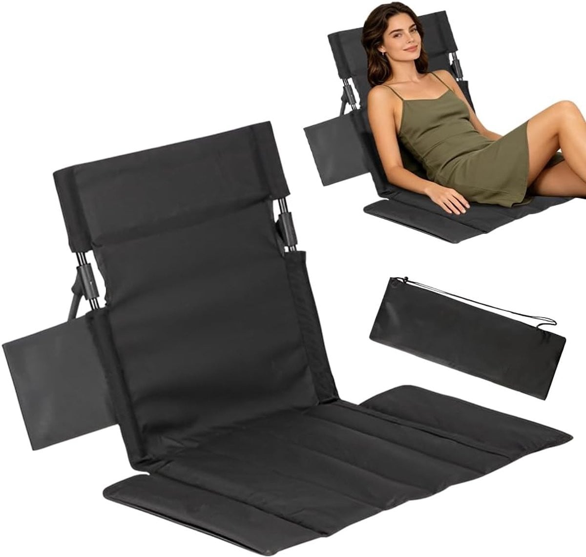 Opvouwbaar vloerzitkussen met rugsteun en draagtas voor camping en picknick, zwart