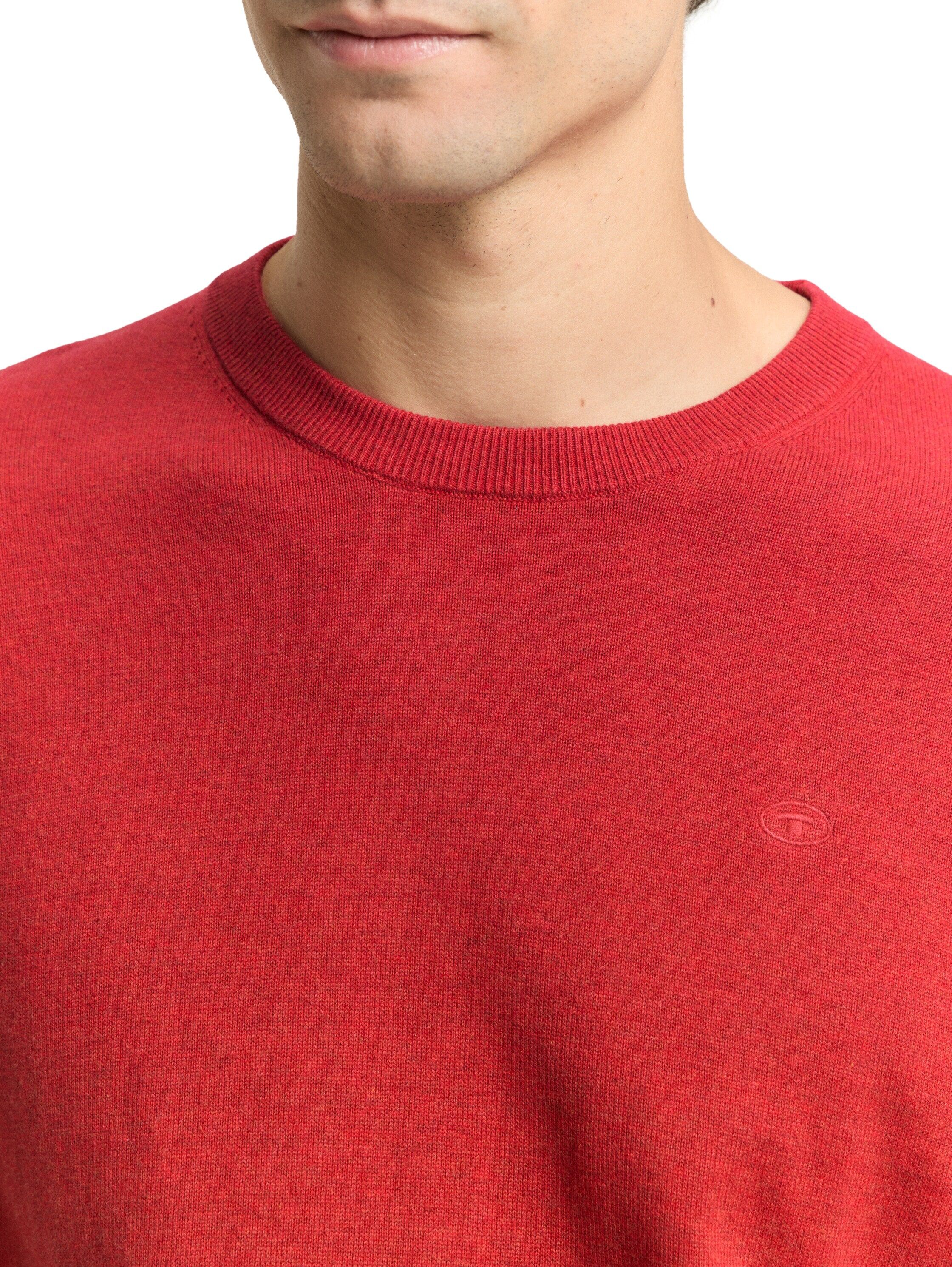 Rundhalspullover TOM TAILOR, Herren, Gr. S, rot (salsa rot non, solid), Strick, Obermaterial: 100% Baumwolle, unifarben, regular fit hüftbedeckend, Rundhals, Bündchen, Pullover Rundhalspullover, mit Logostickerei salsa rot non, solid S