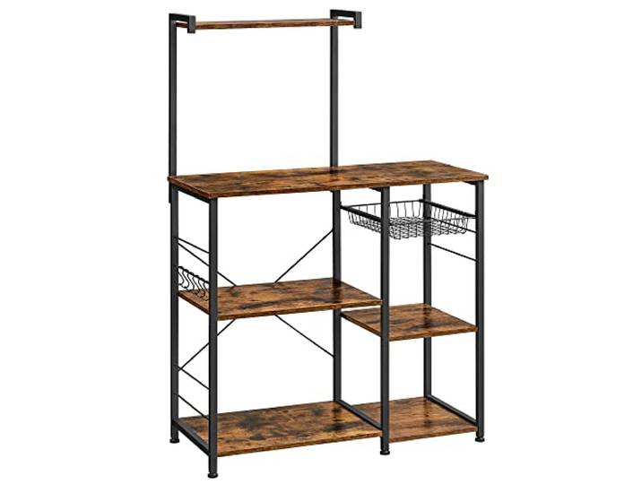 VASAGLE Küchenregal, Standregal mit Metallkorb, 6 Haken Mikrowellenregal, Bäckerregal, für Gewürz, Töpfe und Pfannen, modern, vintagebraun-tintenschwarz, BARNET Kollektion KKS35X