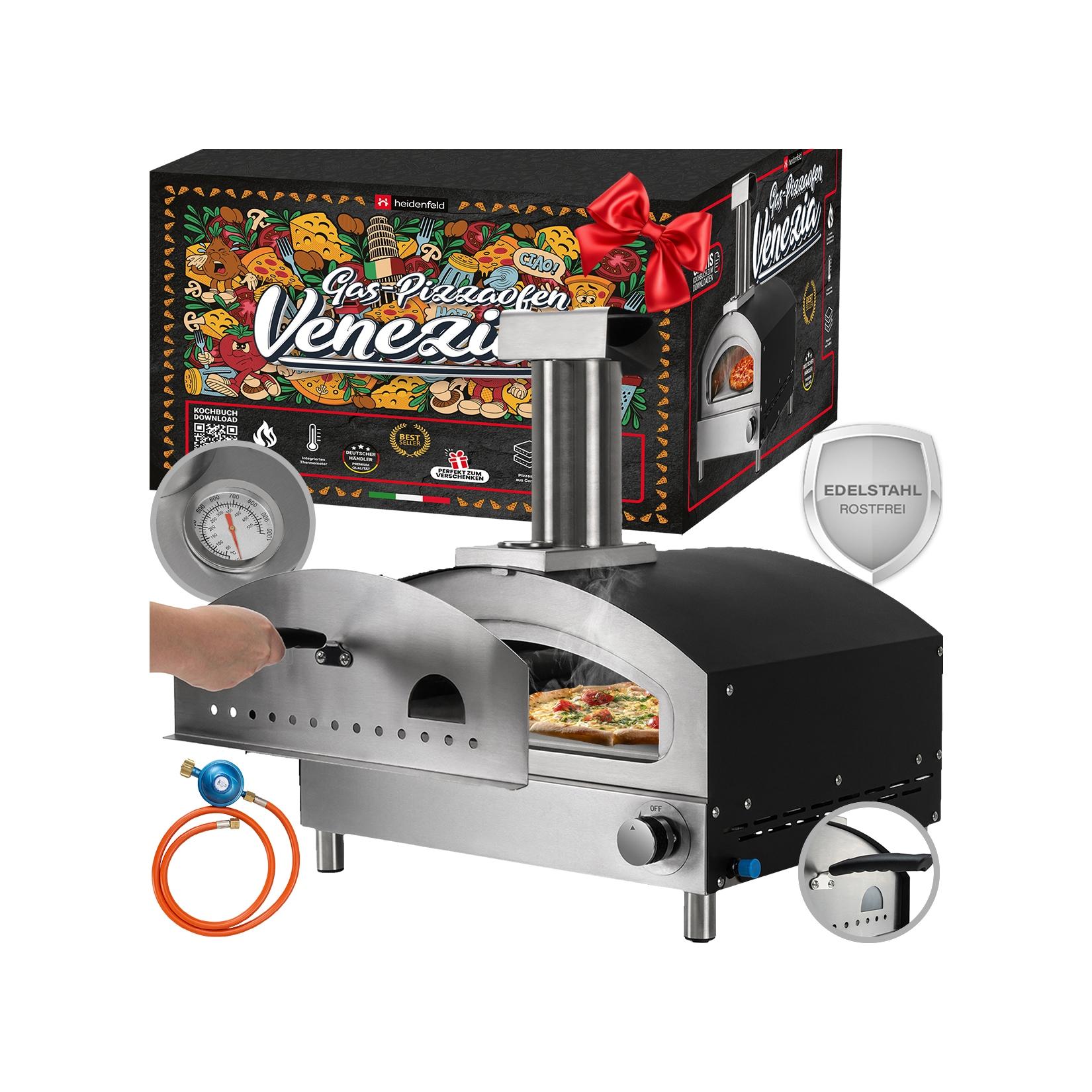 Heidenfeld Outdoor Gas-Pizzaofen Venezia, 500°, Pizzastein, Edelstahl, Schlot mit Regenschutz