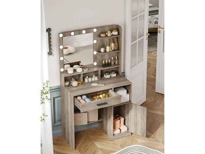 Coiffeuse avec miroir et 10 lumières LED, coiffeuse avec 3 étagères et 4 compartiments ouverts, coiffeuse avec grand format