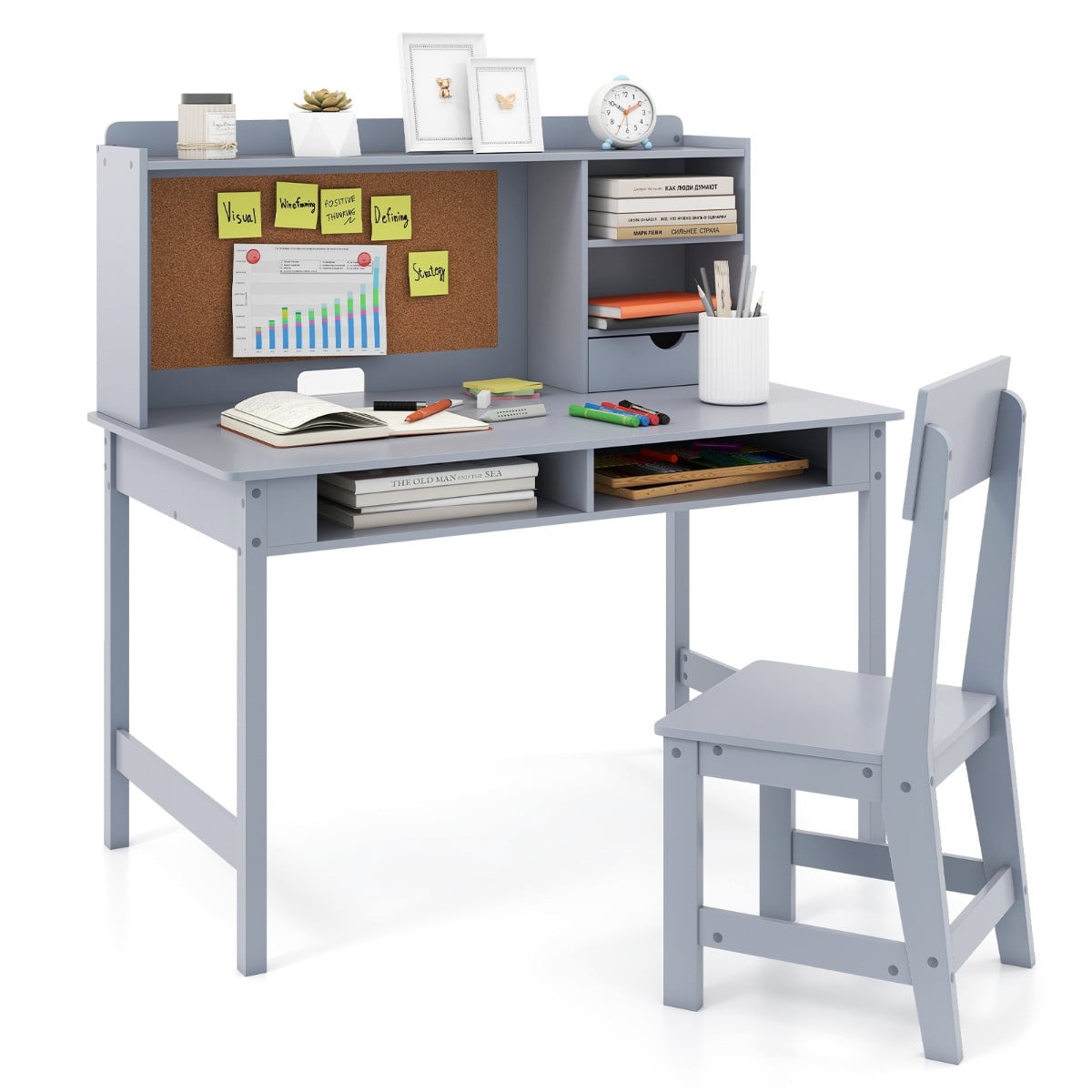 Costway Kinderbureau met Stoel en Kurken Prikbord in Grijs