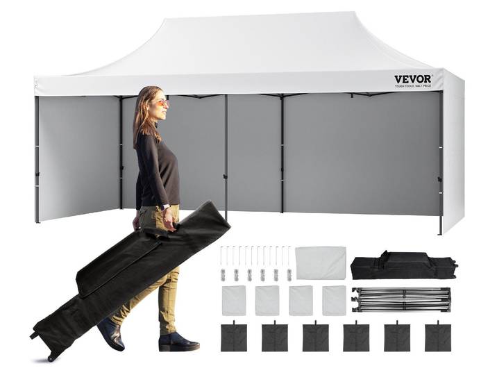 VEVOR Pavillon 304\,8x609\,6x320cm Tente de jardin 500DPolyuréthanetissu argenté Pavillon pliable réglable en hauteur avec sac de rangement Tente de réception 12-16 personnes Pop up Tente Pavillon de jardin pour sortie camping