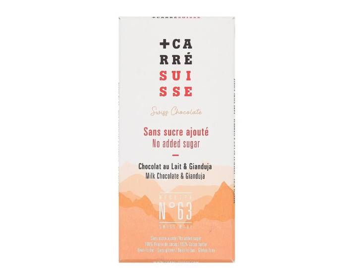 CARRE SUISSE Chocolat au lait &amp; Gianduja sans sucre ajouté - 90 g