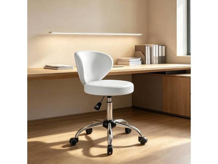 Tabouret roulant pivotant 360° – PU blanc – dossier – réglable en hauteur