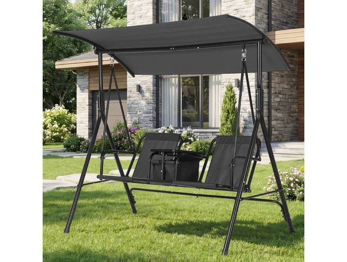 Balancelle de jardin avec auvent - LUNSY - Auvent réglable - Porte-gobelets intégrés - Tablette centrale pivotante