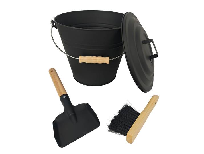 Ascheeimer mit Feger & Schaufel 10 Liter Schwarz