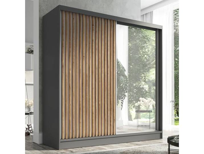 A&J MöbelLand Schwebetürenschrank LINA Kleiderschrank 200 cm mit Spiegel, 3 Schubladen & 3D-Lamellen (Graphit)