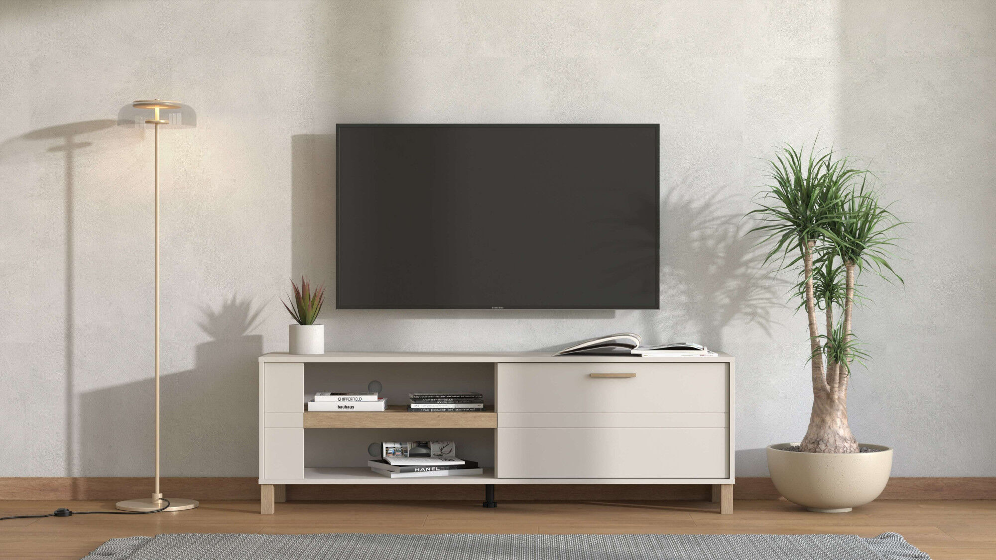 TV-Board HOME AFFAIRE "Sheffield TV-Bank, TV-Schrank, TV-Lowboard, TV-Möbel, Breite 157 cm", weiss (kashcmir), B:157cm H:52cm T:40cm, Holzwerkstoff, MDF, Sideboards, TV-Board, Klapptür, 2D-beschichtetes MDF-Profil, Heissprägedetails kashcmir B/H/T: 157cm 