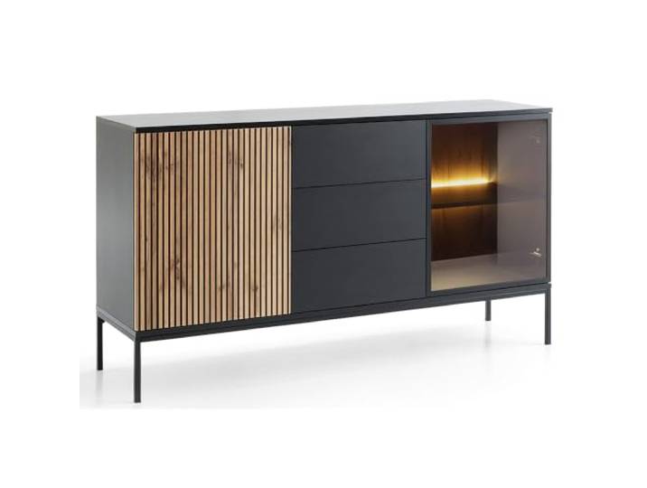 Lomadox Wohnzimmer Esszimmer Anrichte Sideboard mit Beleuchtung in schwarz mit Wotan Eiche