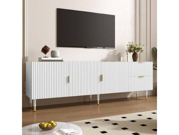 BXEYXE TV-Schrank mit Schubladen, TV-Möbel mit goldenen Griffen, goldenen Beinen und verstellbaren Füßen. Türen mit Regalen.