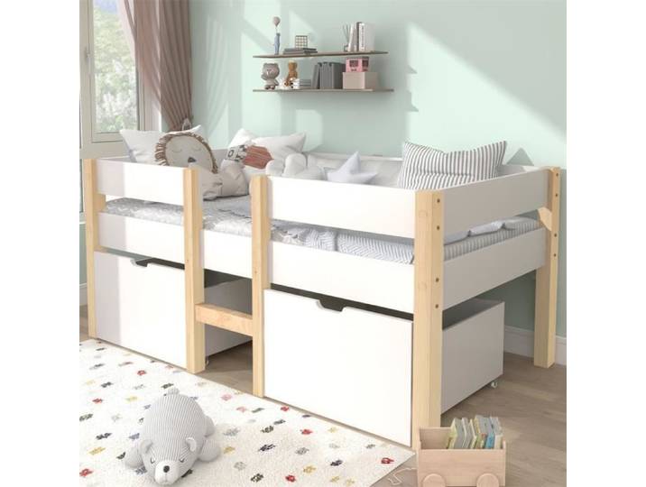 Dripex Lit Enfant avec deux grands tiroirs rangement Lit mi-hauteur avec barrière de sécurité pin massif 90x190 cm Blanc et Chêne