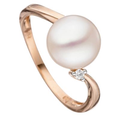 Perlenring JOBO "Ring mit Perle und Diamant" Gr. 56, rosa (roségold 585), Fingerringe, Damen, 56, SI = kleine Einschlüsse, Diamanten Perlen Roségold 585, Diamanten, Perlen, Roségold 585, Perlenring, 585 Roségold