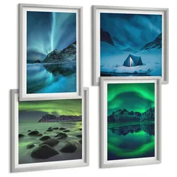 BILDER SET 4er Set - 50x50 cm & 40x60 cm Silberner Rahmen - Winterlandschaft mit Nordlichtern