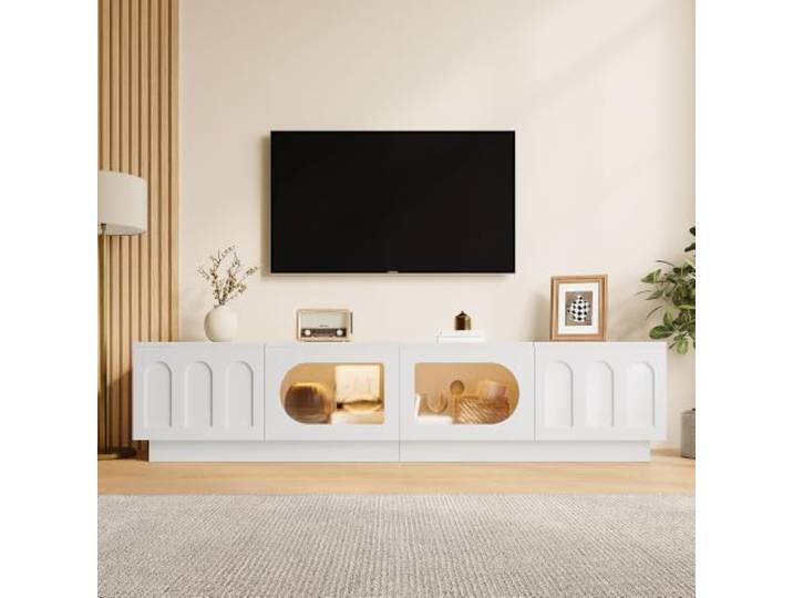 QQJIN TV Board Spanplatte MDF LED App Steuerung Glastür Bogentür Wohnzimmer 200cm Fernsehschrank mit Kabeldurchlass, TV-Schrank als TV-Möbel und TV-Kommode, TV Lowboard mit Vitrinen und Stauraum