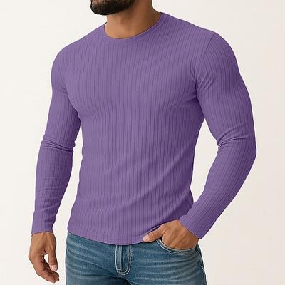 Herren T Shirt Geripptes Strick-T-Shirt T-Shirt Langarmshirt Langarm Rundhalsausschnitt Frühling Herbst Ganzjahres Einfach Texture Grubenstreifen Mode Designer Basic Stricken Urlaub Straße Lässig