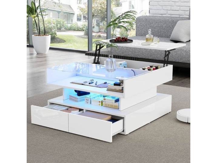 Table basse relevable - LEMONBEST - 80x80x45 cm - LED contrôlable par appli - 2 tiroirs - Finition brillante blanche