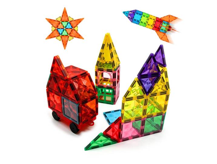 Relaxdays Magnetbausteine Bunt 61-teilig Aufbewahrungsbox, Mehrfarbig, Kunststoff, Metall, 7.5x19.5 cm, Spielzeug, Holzspielzeug