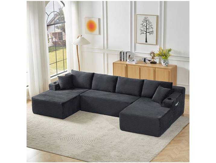 MEUBLIV Canape modulaire en U 6 places velours cotele gris fonce assise profonde sans montage
