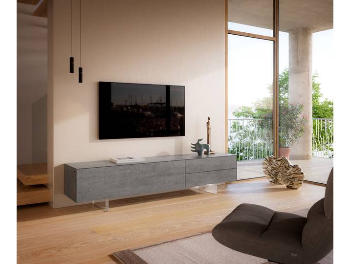 Meuble TV Cuor 220 cm Céramique Béton gris 1 Clapet 2 Tiroirs Pied optique flottant Verre acrylique